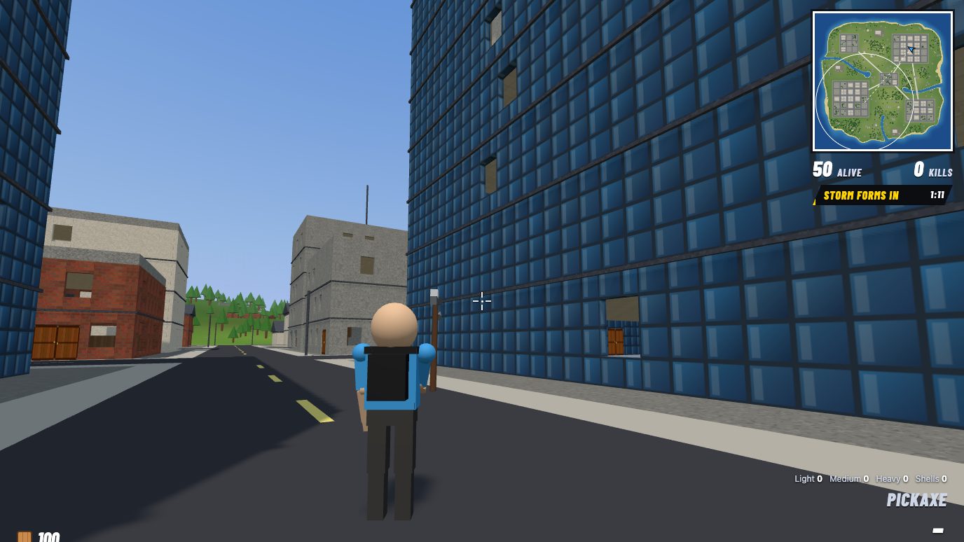 A player on foot on a city street, with the minimap and health bar